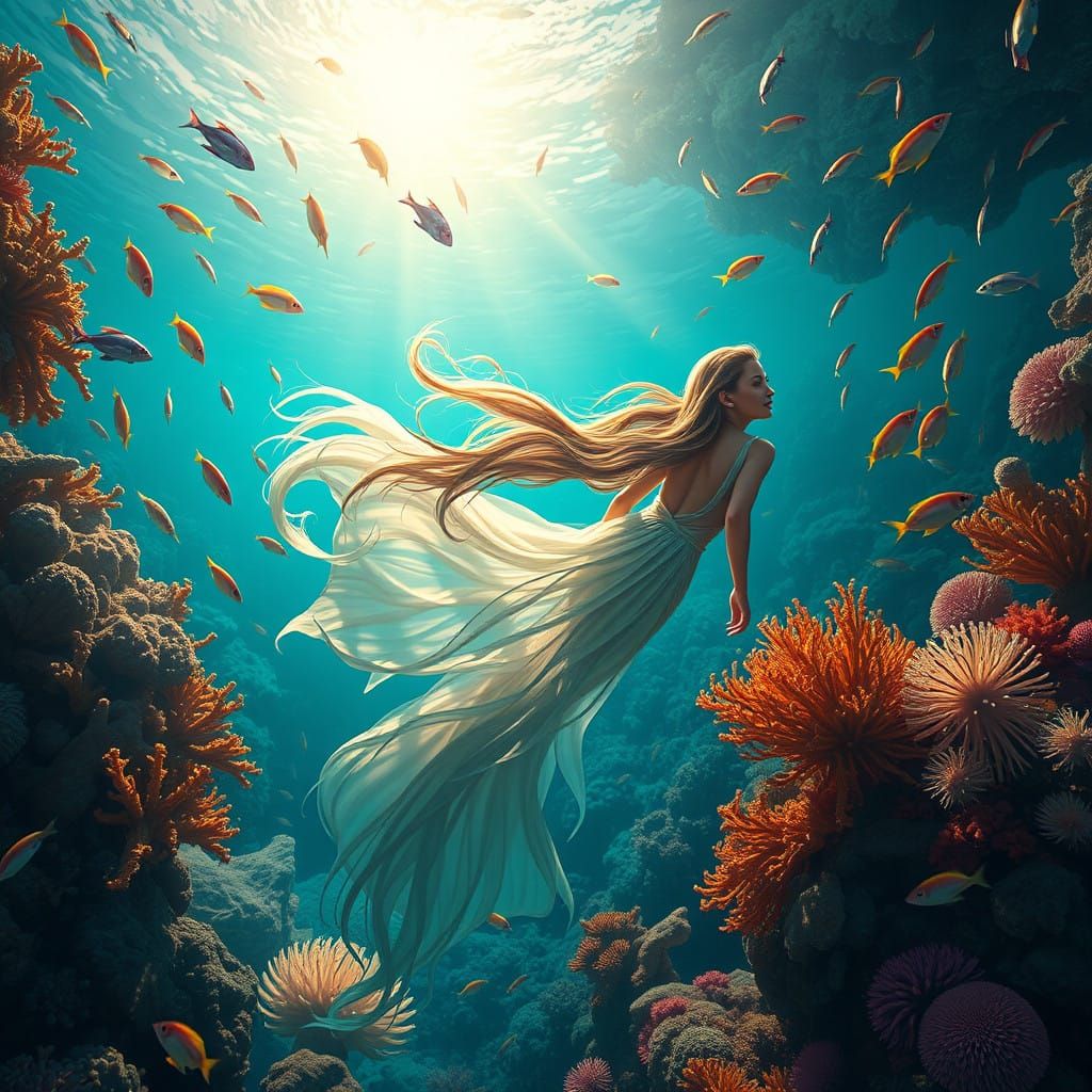 Ethereal Mermaid Among Vibrant Coral Reefs in Dreamlike Aqua...