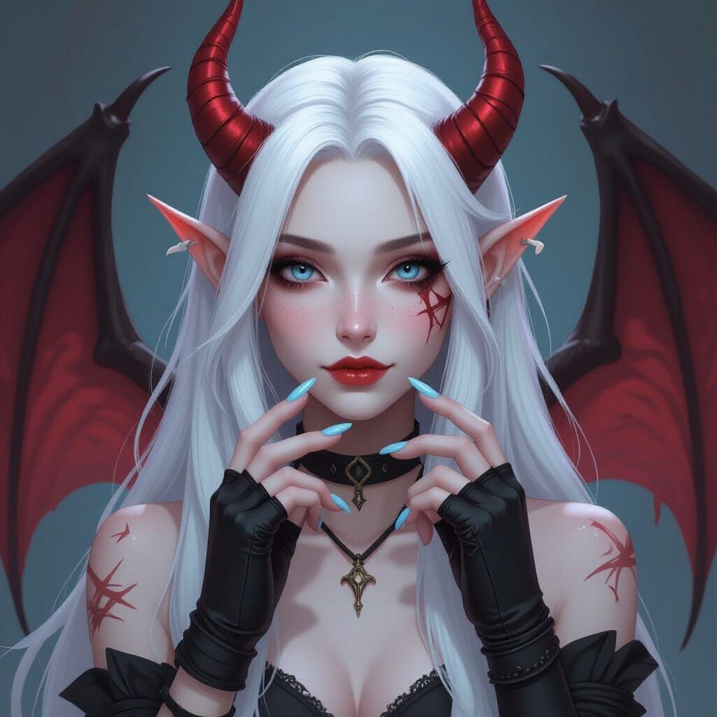 Tiefling Character Peace with Scarred Skin and Unique Eyes