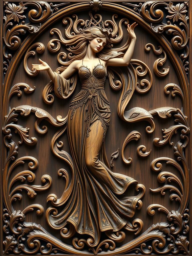 Art Nouveau Wood Carving of a Dancing Lady