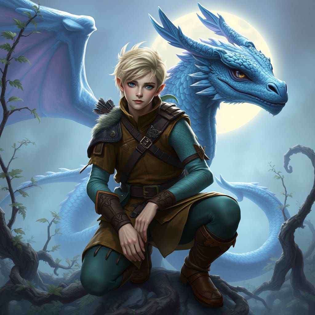 Fantastical Water Genasi Ranger and Majestic Dragon in Whims...