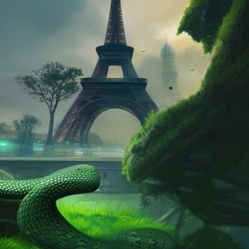 Snake, Moss Bed, and Eiffel Tower: Detailed Matte Painting
