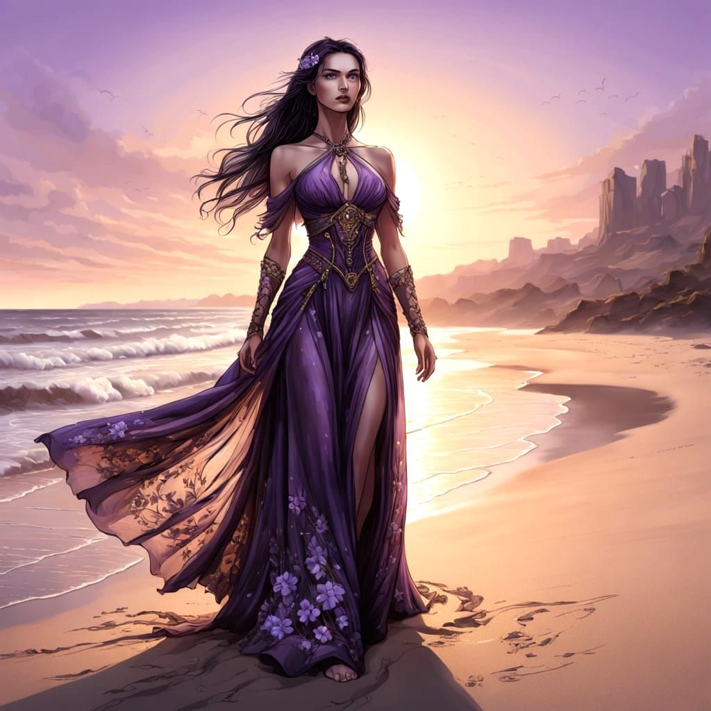 Gothic Woman in a Purple Flower Dress at Sunset