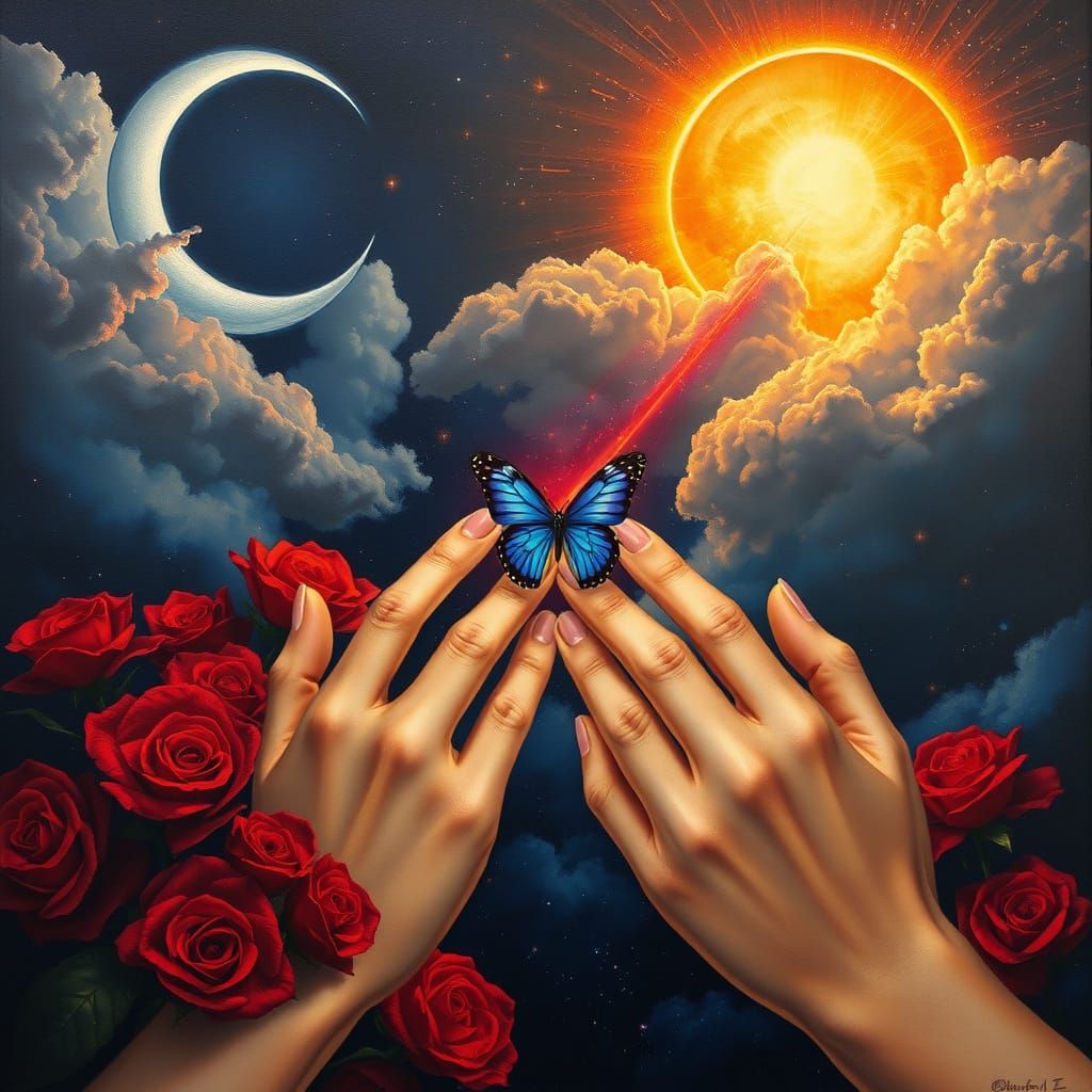 Ethereal Hands Reach Across Cosmos in Dreamlike Oil Painting