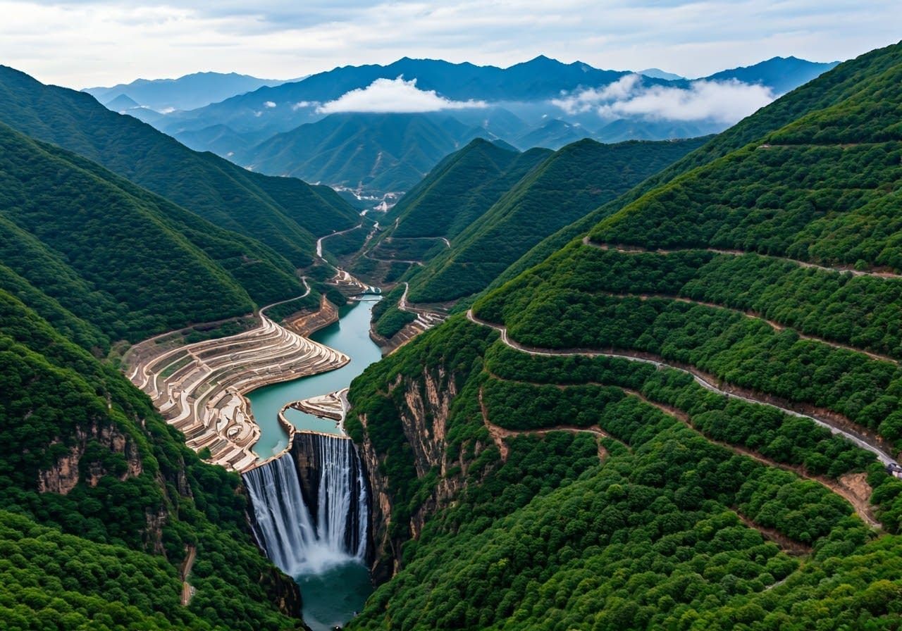 Tiered Reservoirs on Towering Mountain in China