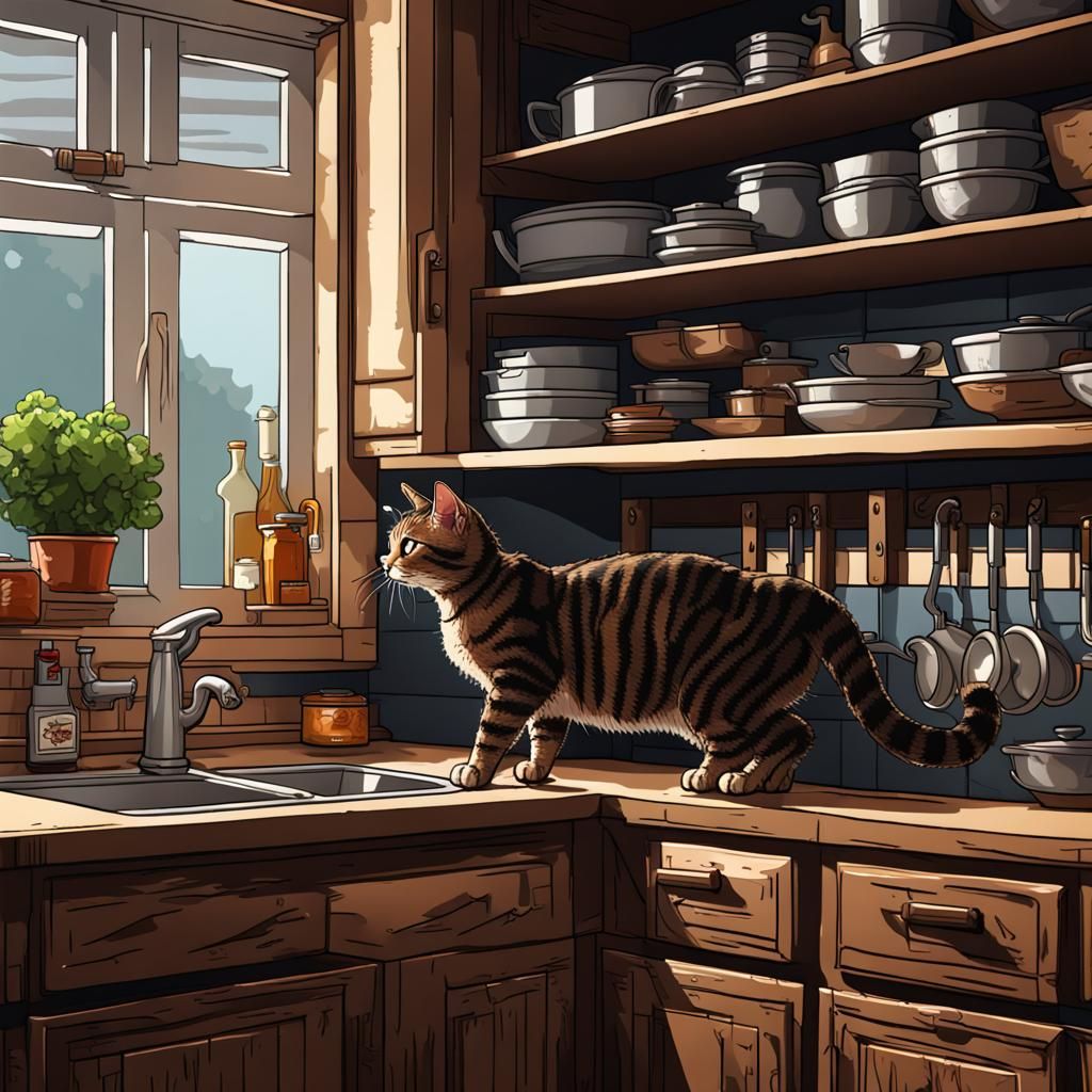 Pixel Art Tabby Cat Mischief in Kitchen