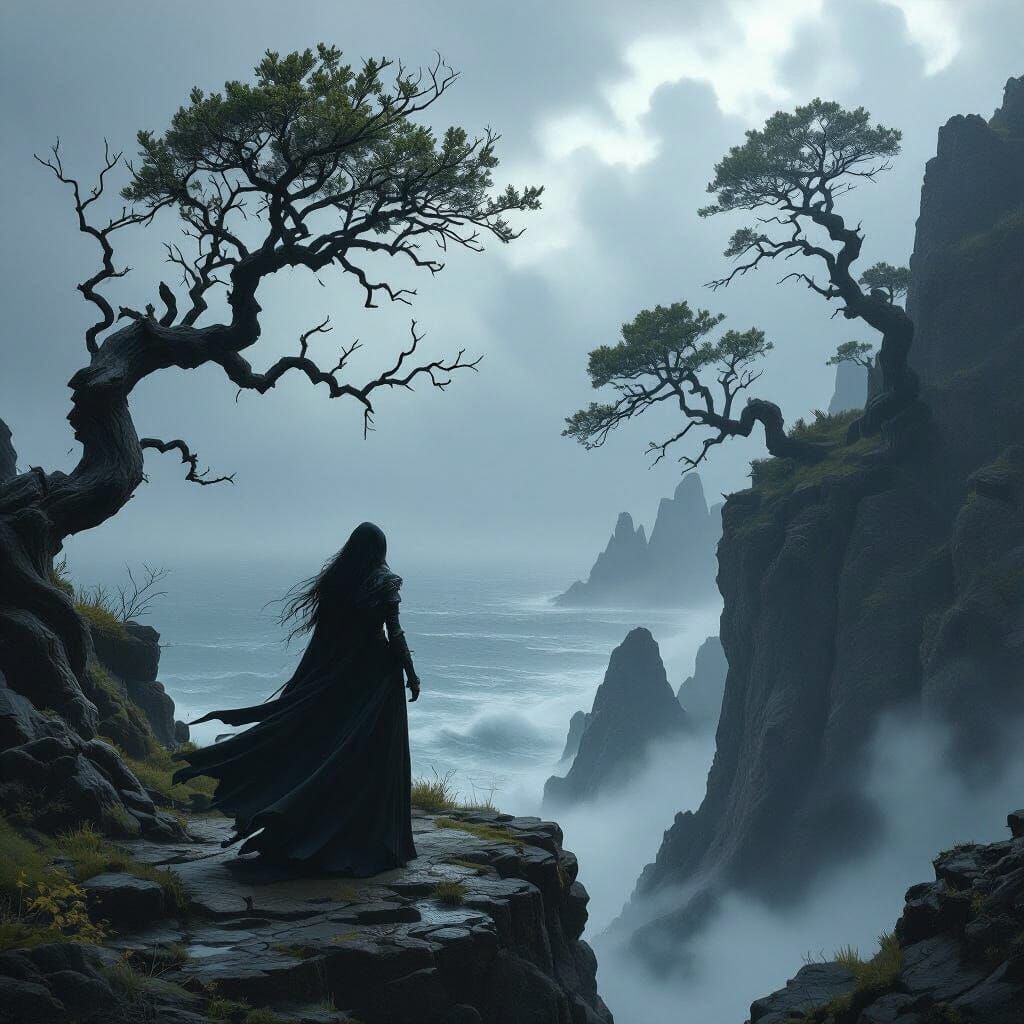 Drow Sorceress on Stormy Cliff in Digital Matte Painting Sty...
