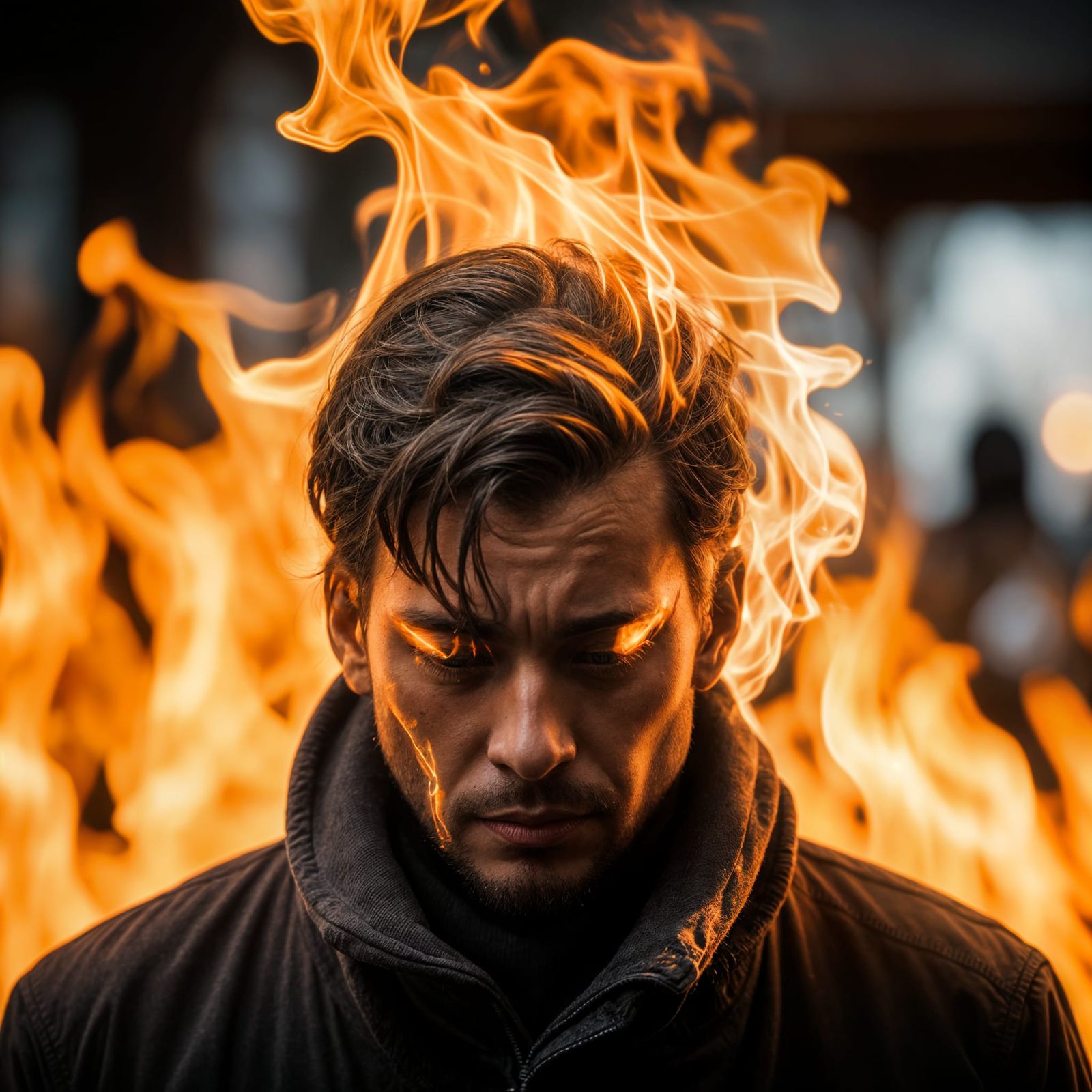 Person Calmly Engulfed in Flames: Professional Photography