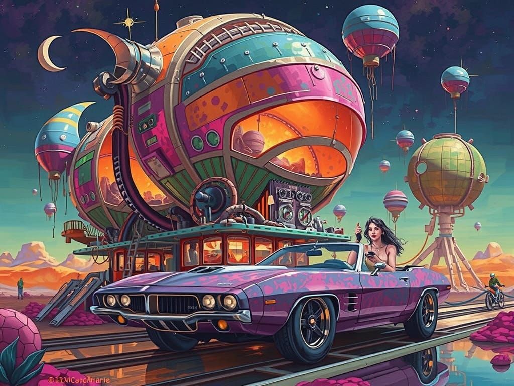 Woman at Pink Forge in Dystopian Patchwork Style