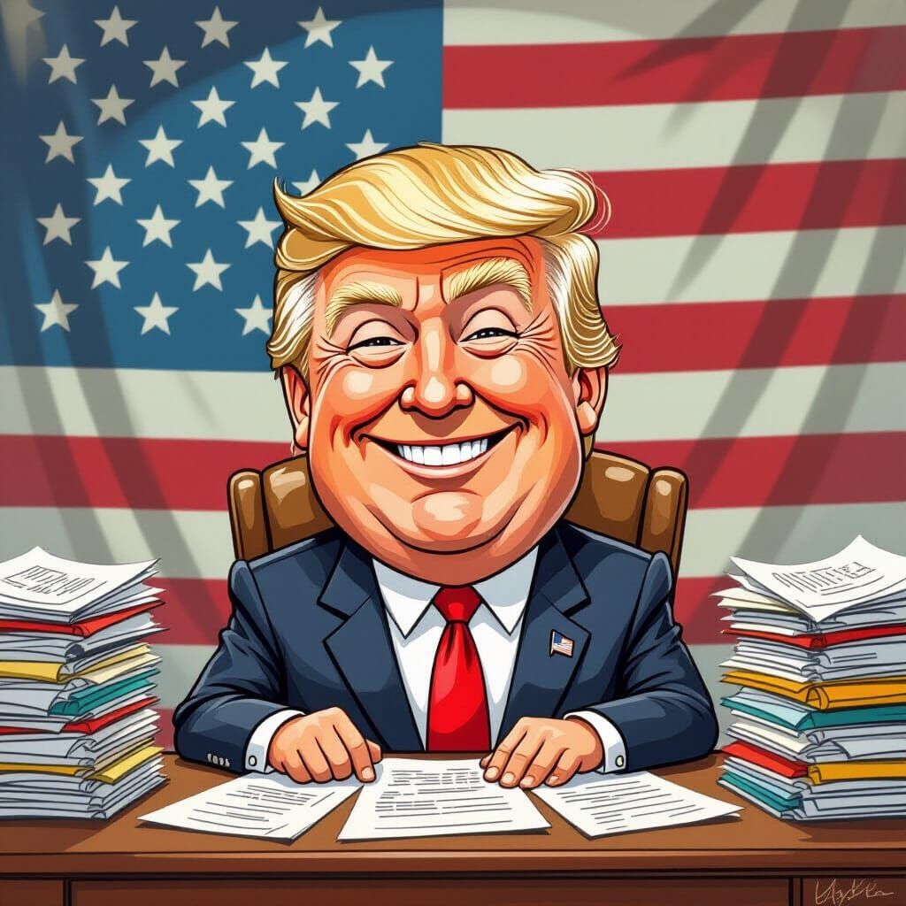 Humorous Trump Caricature at Paperwork Desk