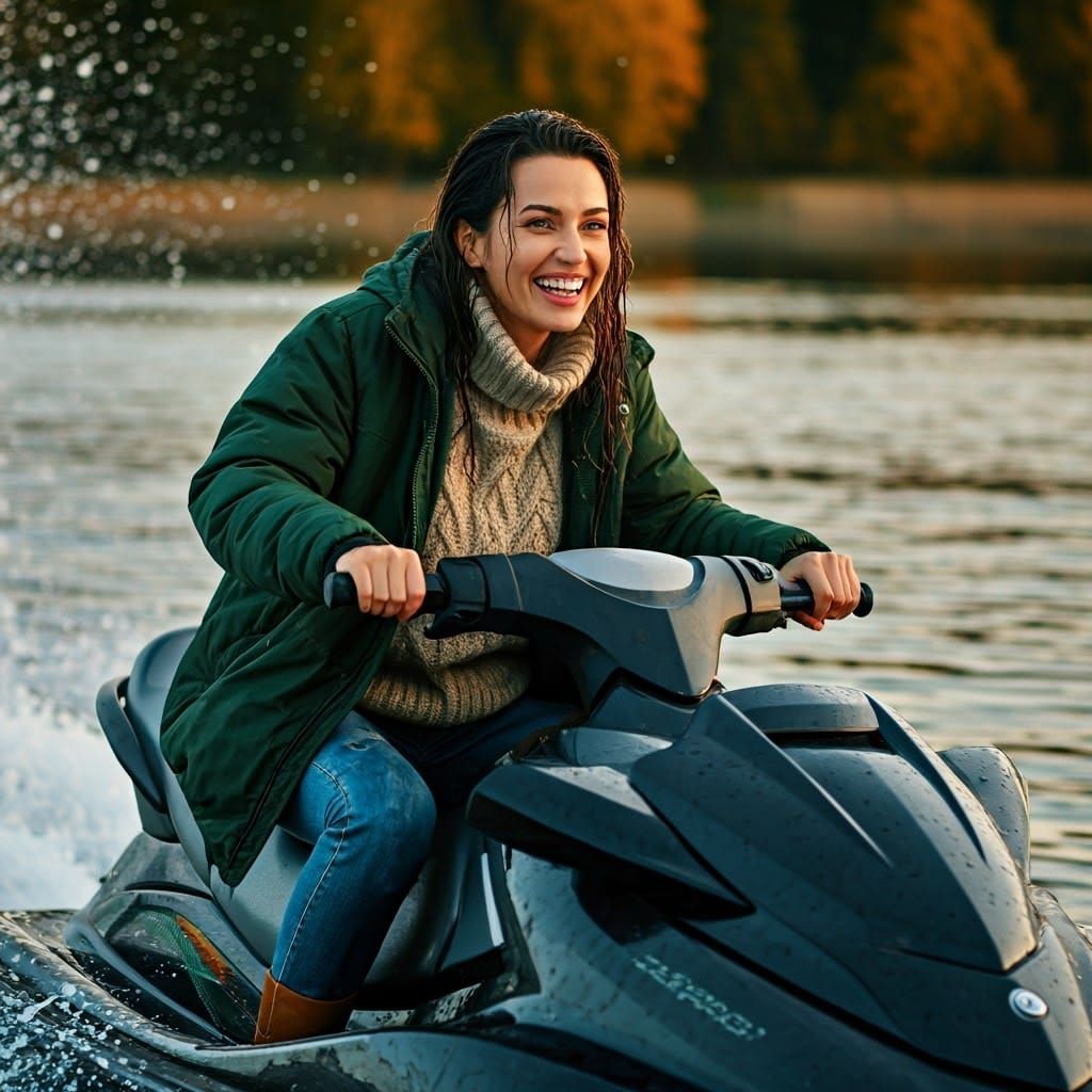 Woman Laughing on Jet Ski in Autumnal Light