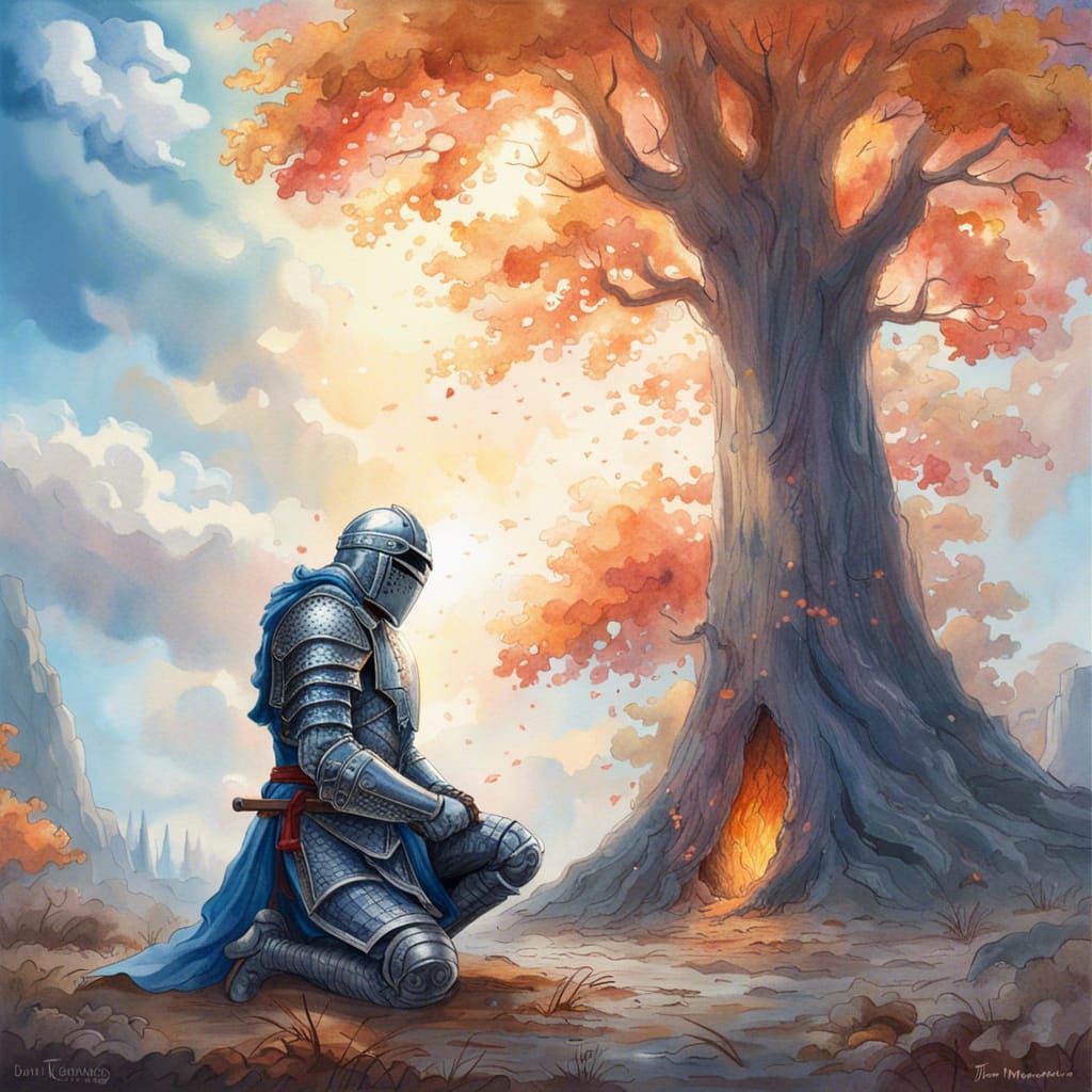 Medieval Knight Before Holy Fire Tree