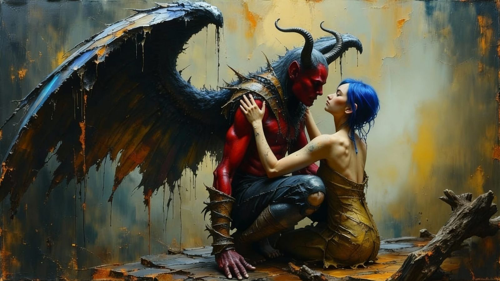 Tiefling and Angel Embrace in Dark Oil Paint Style
