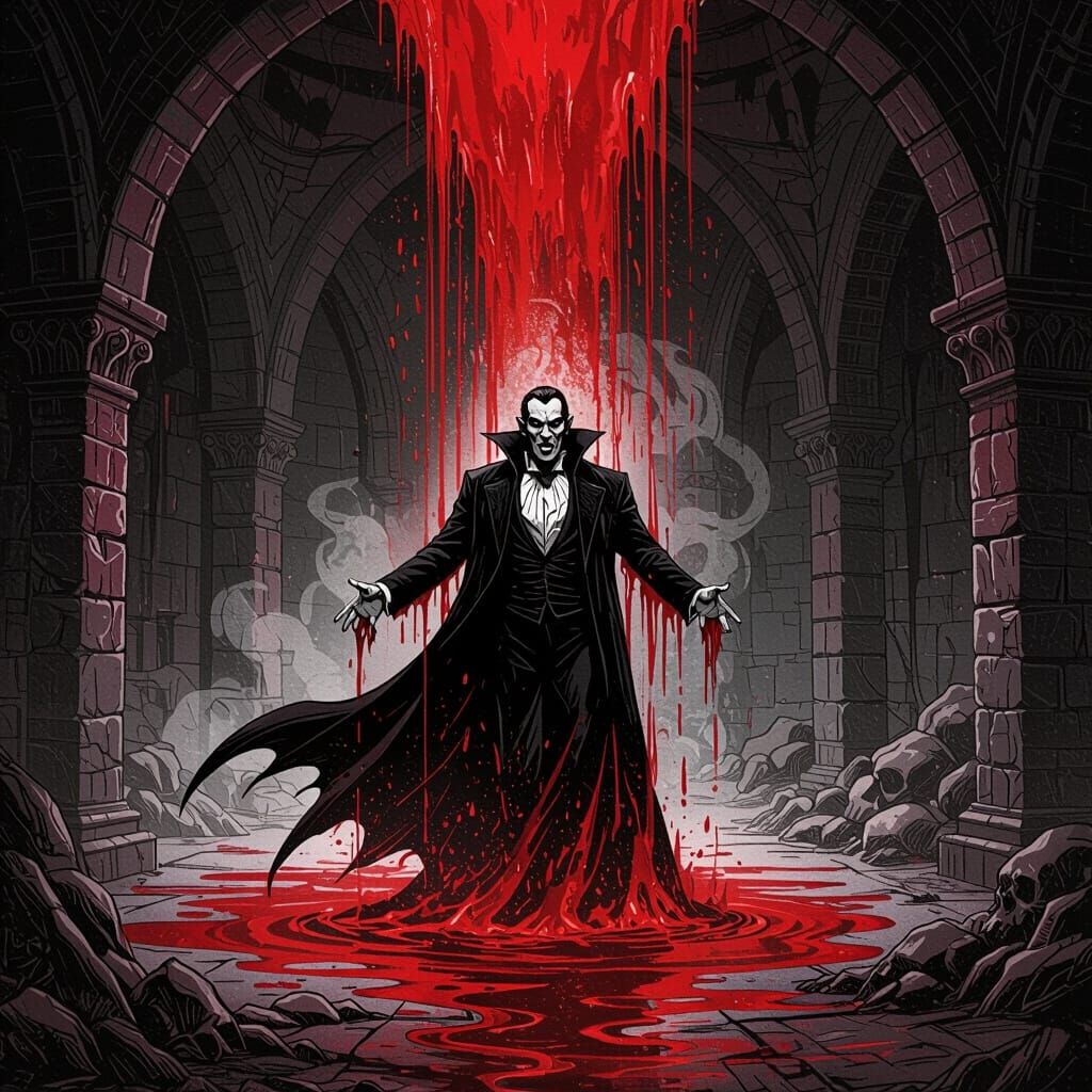 Dracula Showers in Blood in Hellish Chamber
