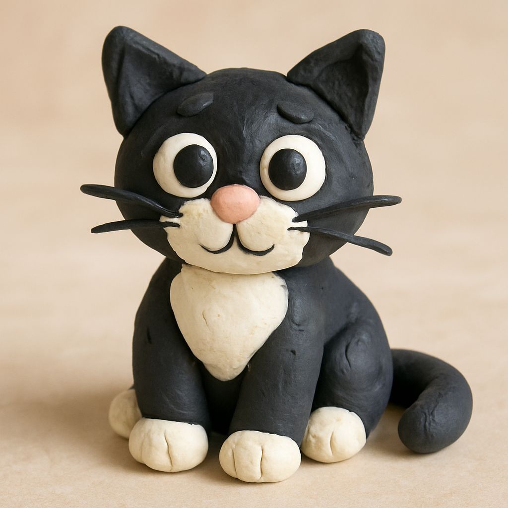 Plasticine Black and White Cat Sculpture