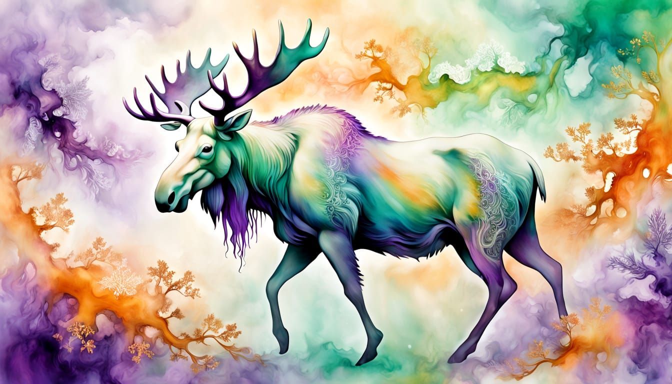 Abstract Moose Portrait in Vibrant Alcohol Ink