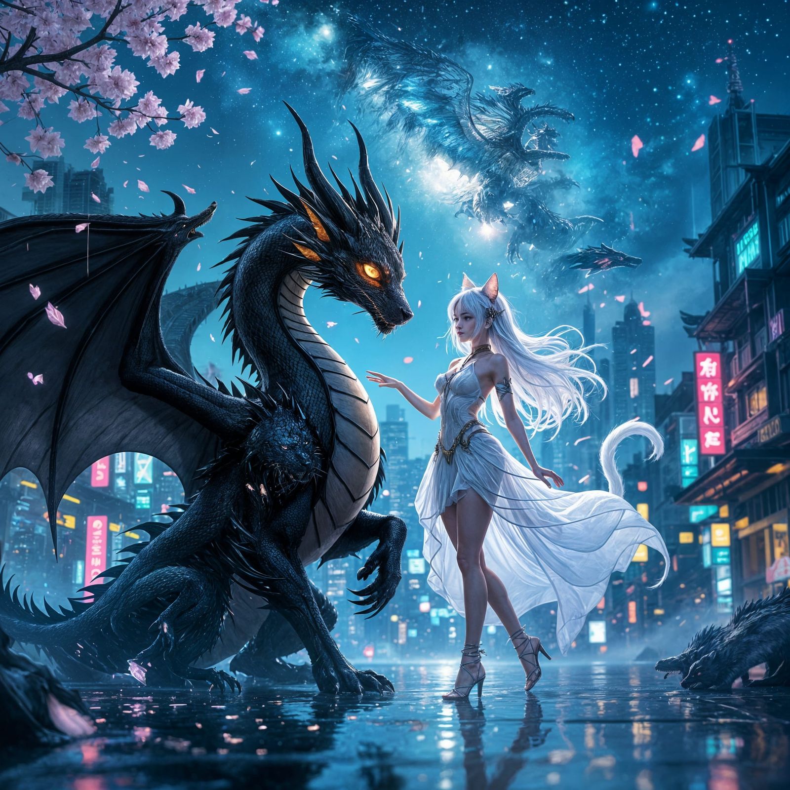 Dragon and Cat Girl Dancing in Neon City