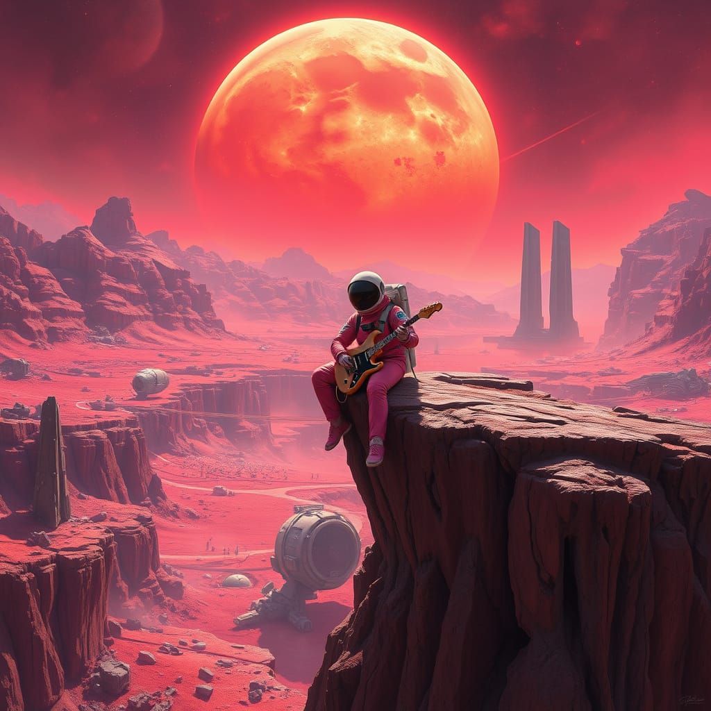 Astronaut in Vibrant Pink Spacesuit Plays Electric Guitar on...