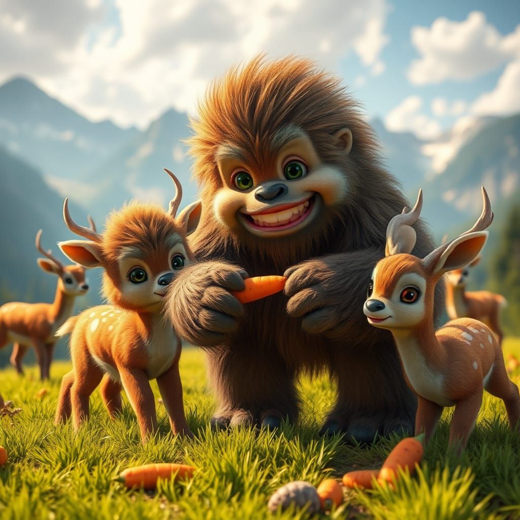 Bigfoot Babies Play with Deer: 3D Anime Style