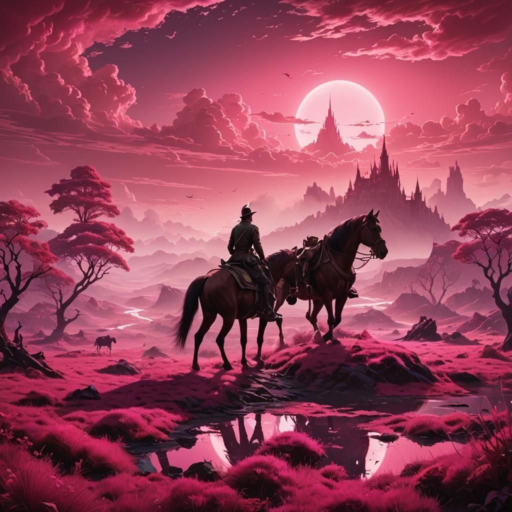 Pink Landscape with Girl and Unicorn Silhouettes