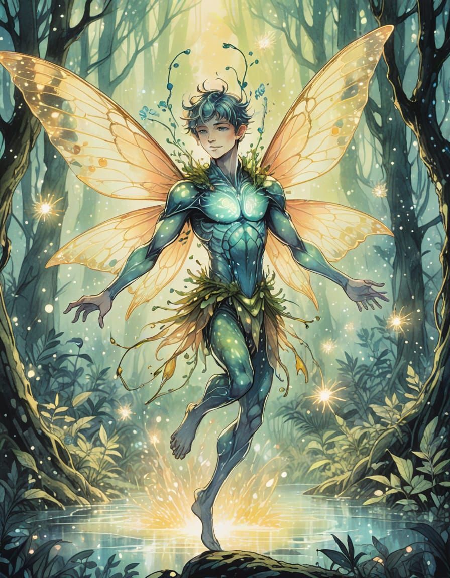 Mischievous Fairy in Bioluminescent Forest, Anime Style