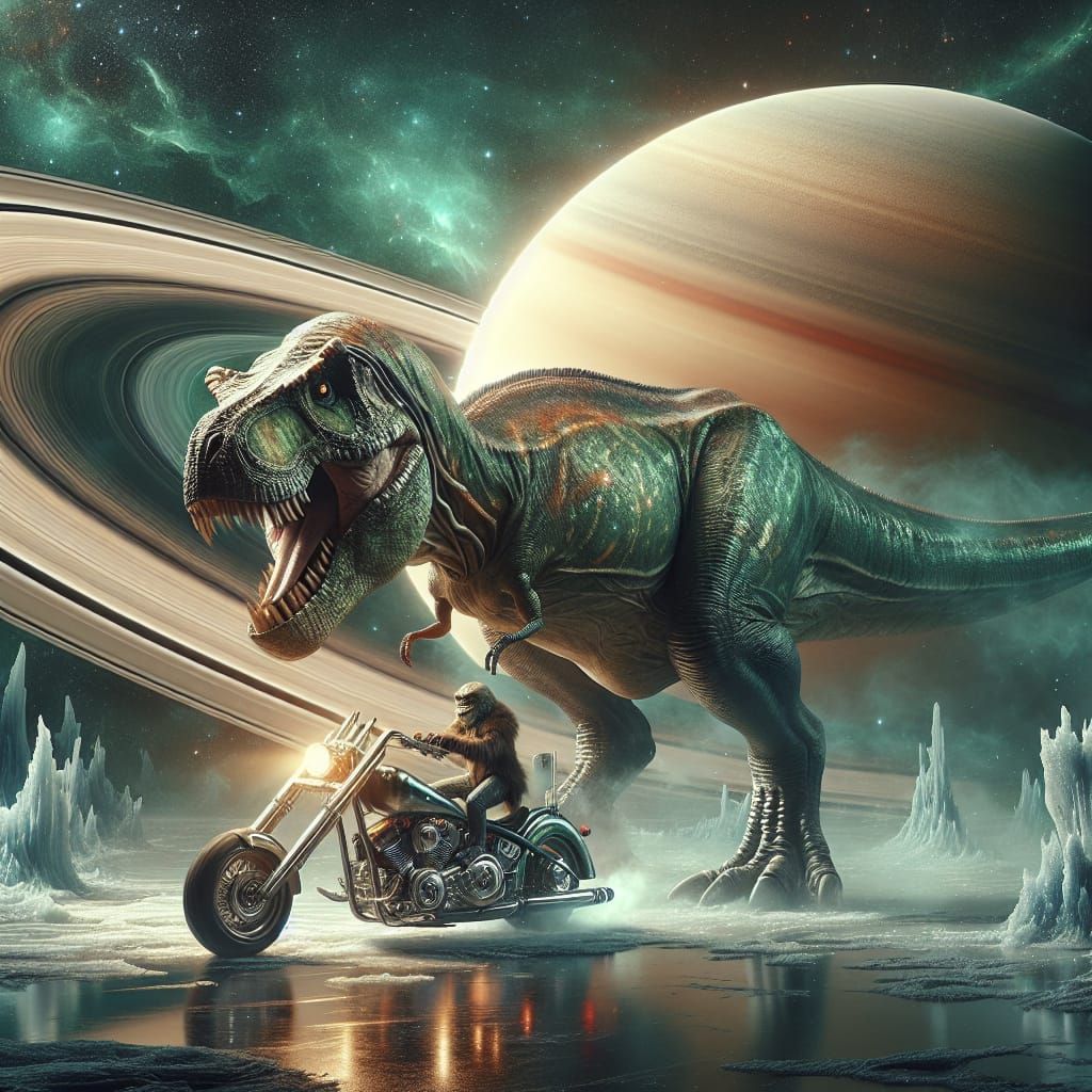 T-Rex on Motorcycle Rides Saturn's Rings