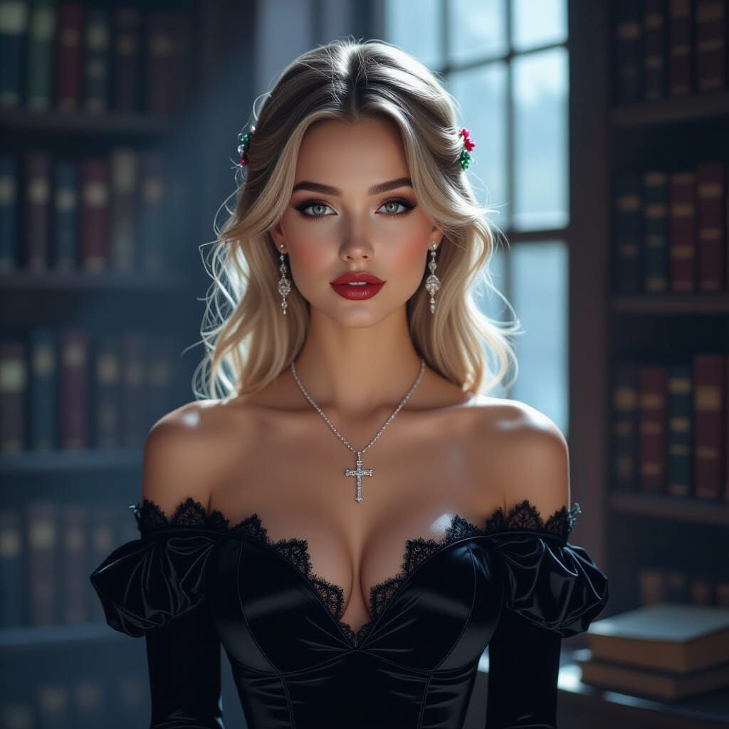 Mysterious Woman in Book-Filled Room with Moonlit Rays