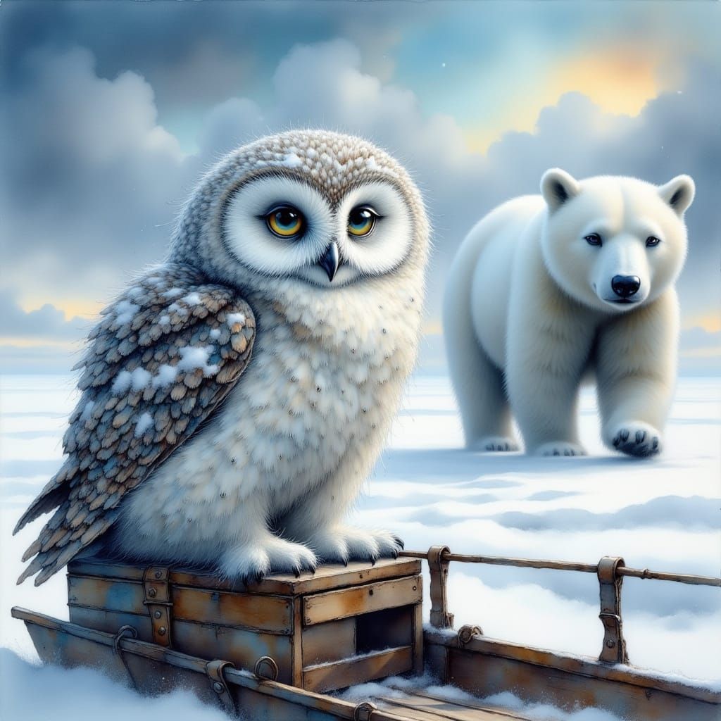 Owl on Dogsled with Approaching Polar Bear