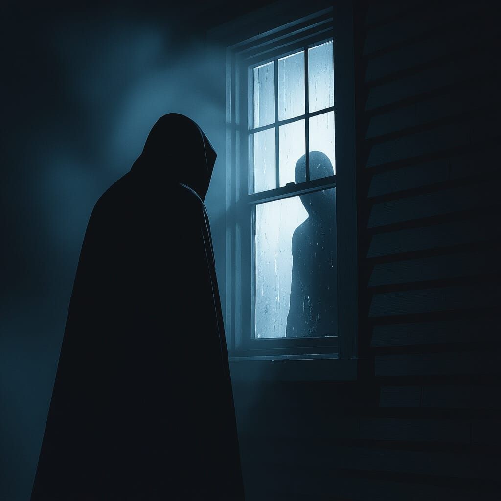 Ominous Dark Figure at Window in Horror Style