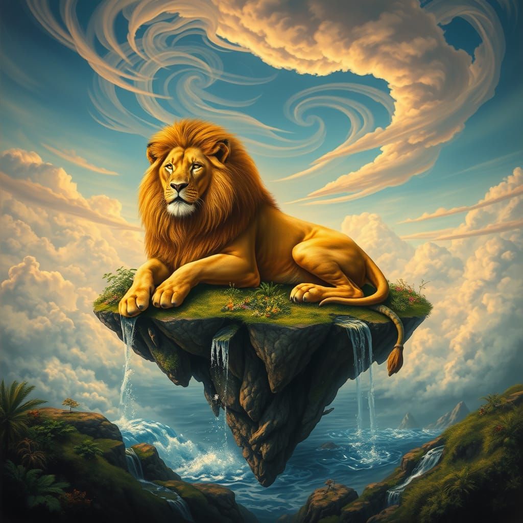 Lion on Floating Island: A Wildlife Painting