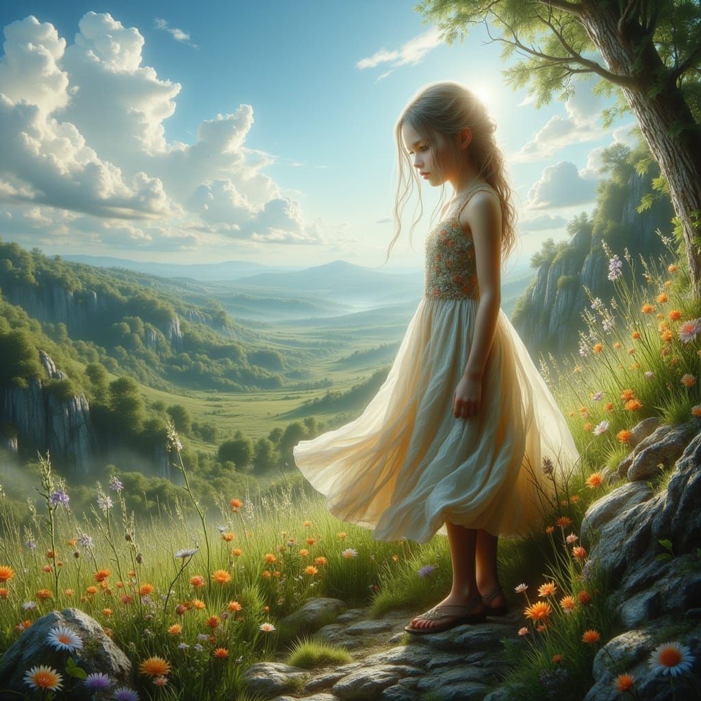 Whimsical Girl on Green Hill in Ethereal Light