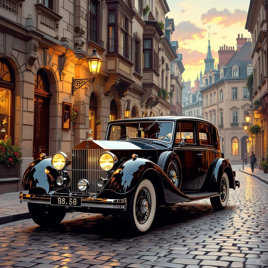 Vintage Rolls Royce on Cobblestone Street