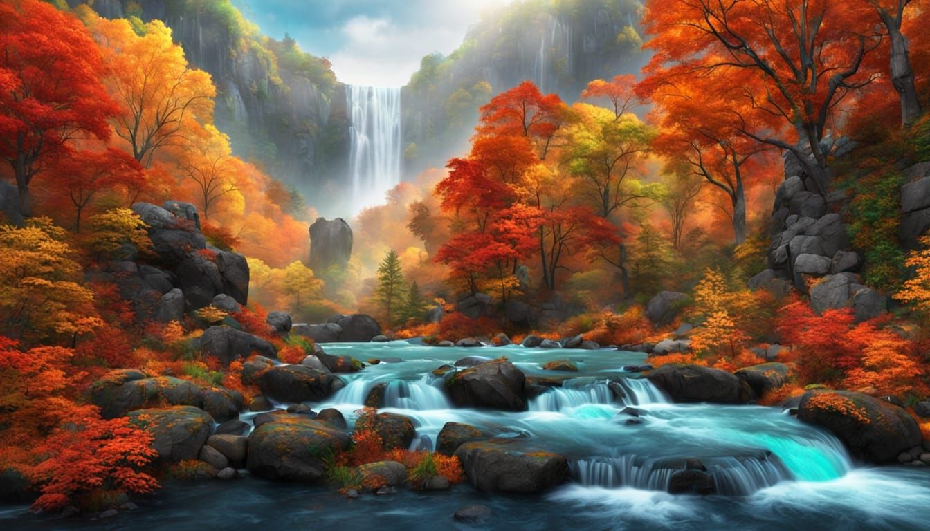 Majestic Waterfall in Autumn Forest with Black Cat