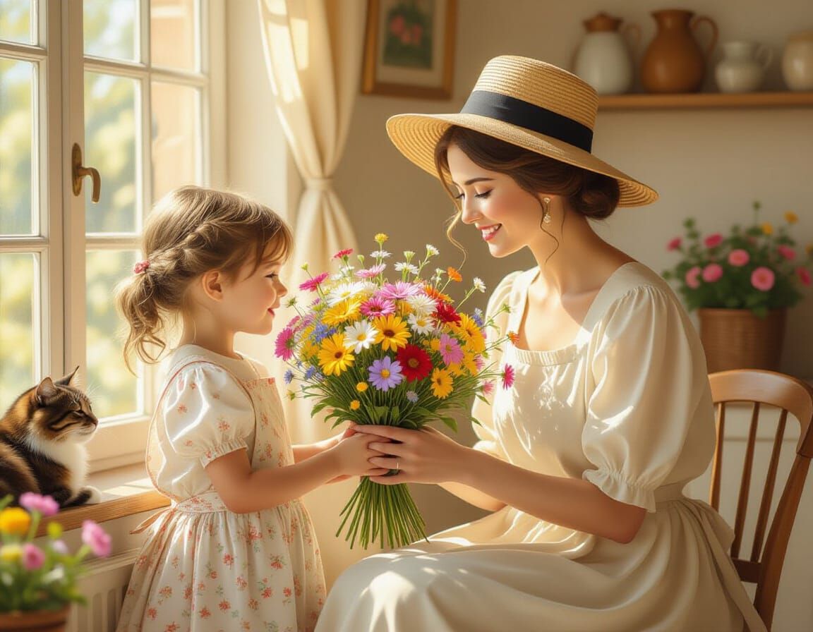 Girl Presents Wildflowers to Mother in Cozy Cottage