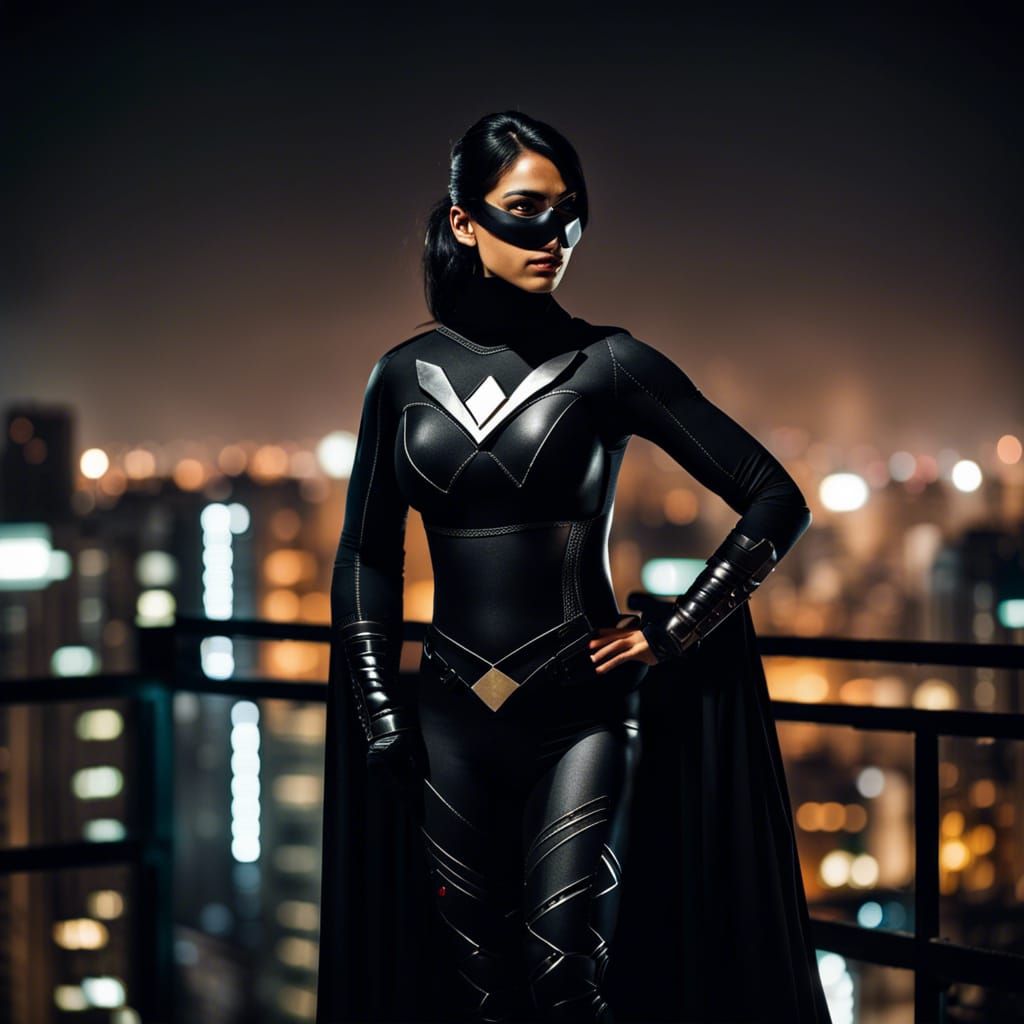 Indian Superheroine on Rooftop at Night