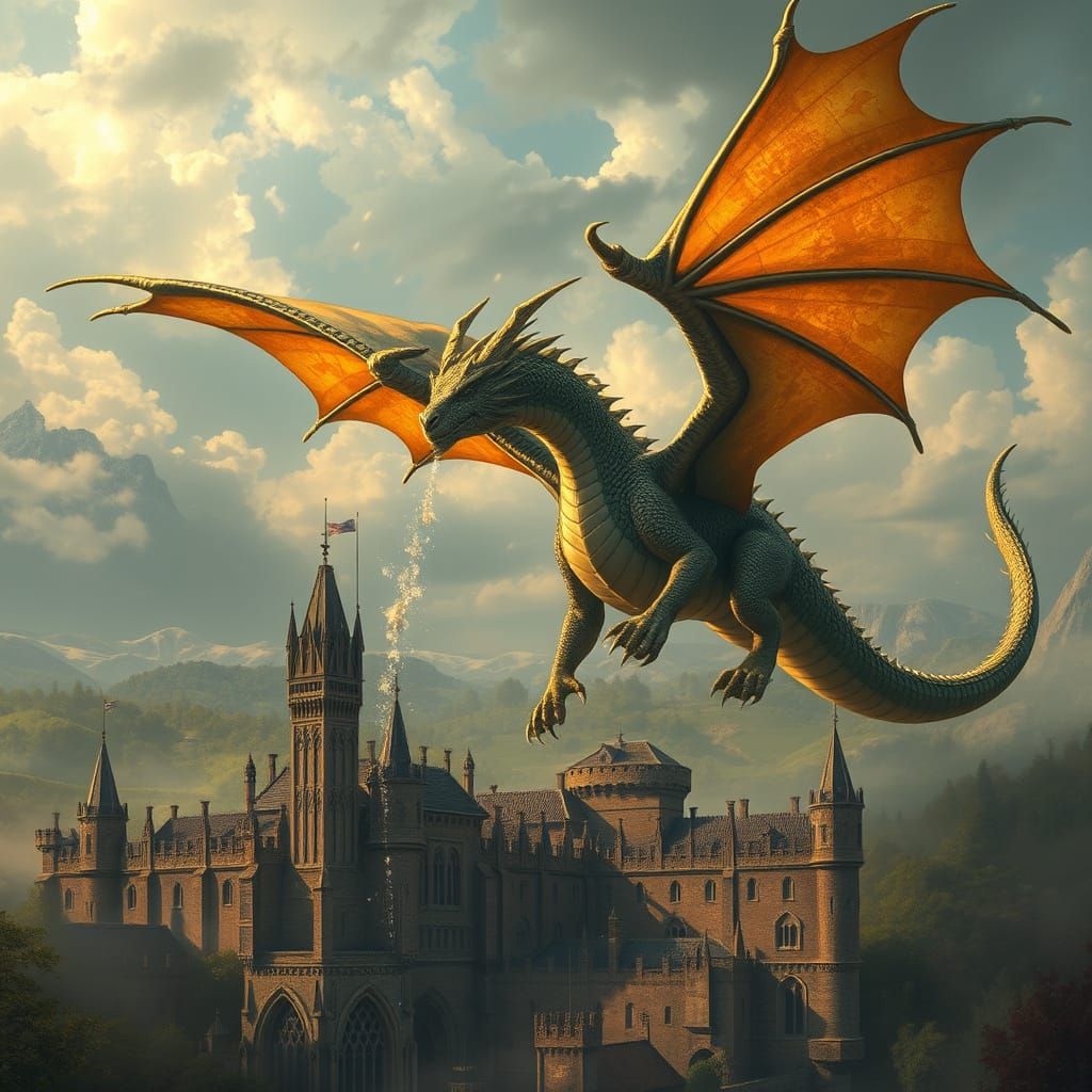 Majestic Golden Dragon Soars Over Medieval City, Unleashing ...