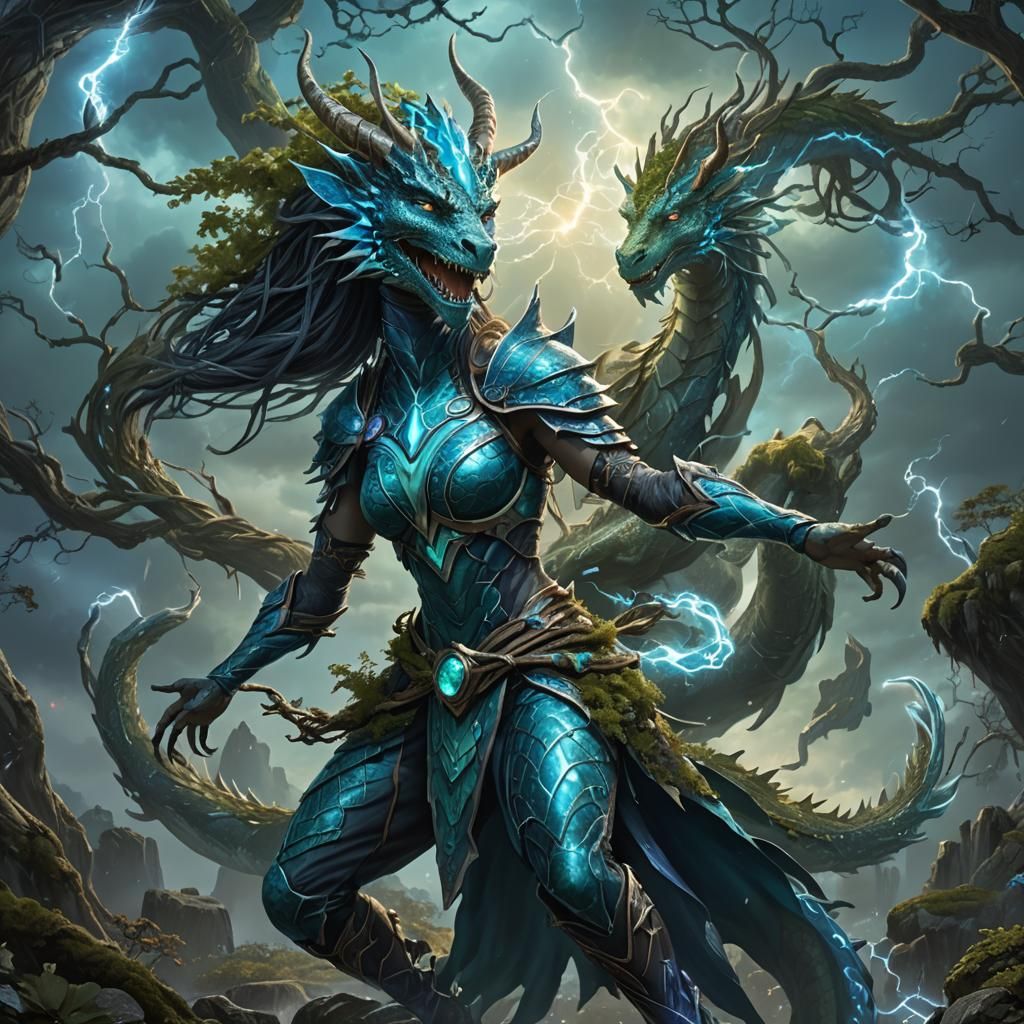 Dragonborn Woman Conjures Lightning in Dead Forest