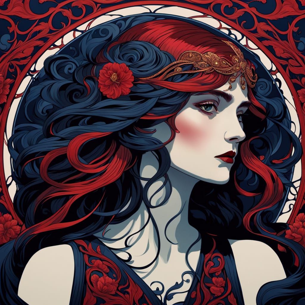 Art Nouveau Crimson Shadow Muse Portrait