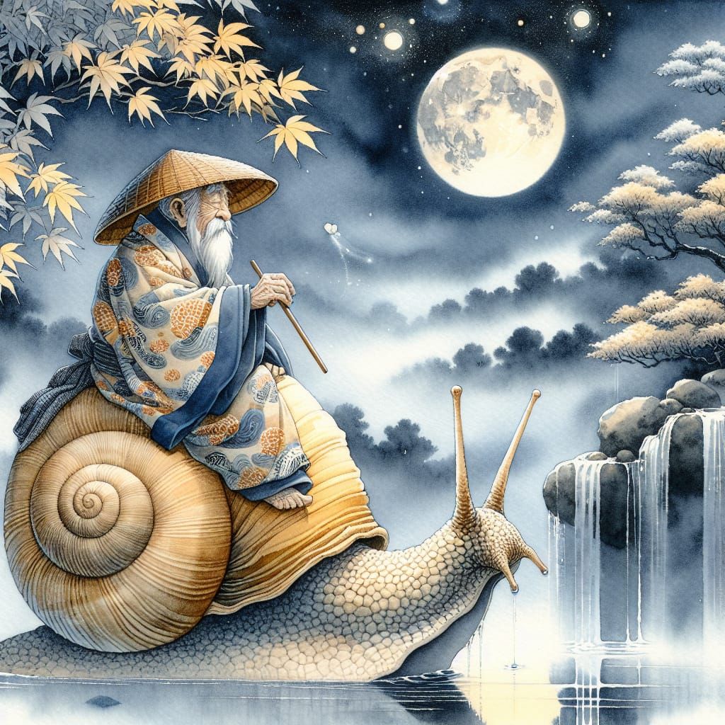 Gnome Travels by Snail in Ukiyo-e Dreamscape