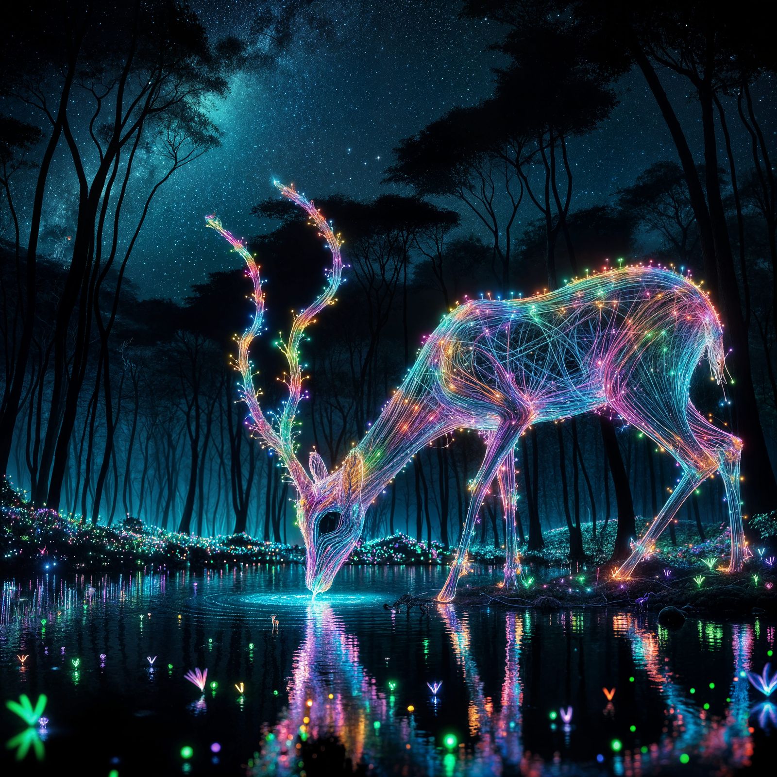Fiber Optic Gazelle in Bioluminescent Forest