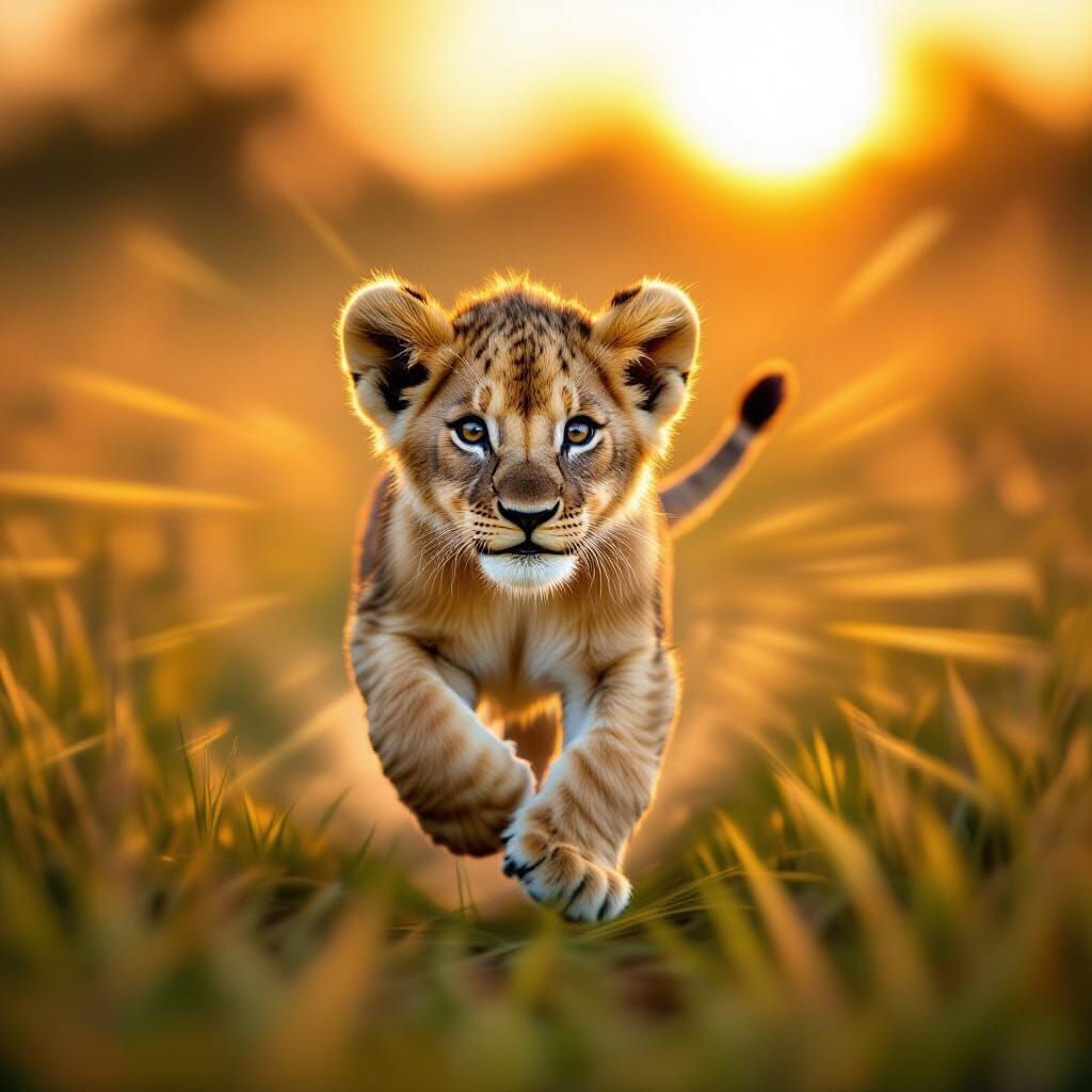Lion Cub Running in Thailand Sunset Field with Radial Zoom