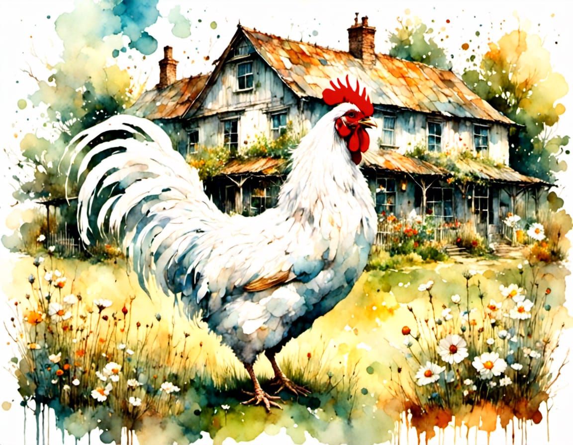 White Cockerel Chicken in Country House, Oil Painting