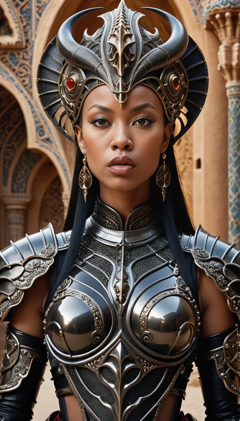 Blasian Woman in Ornate Armor, Gaudi Giger Style
