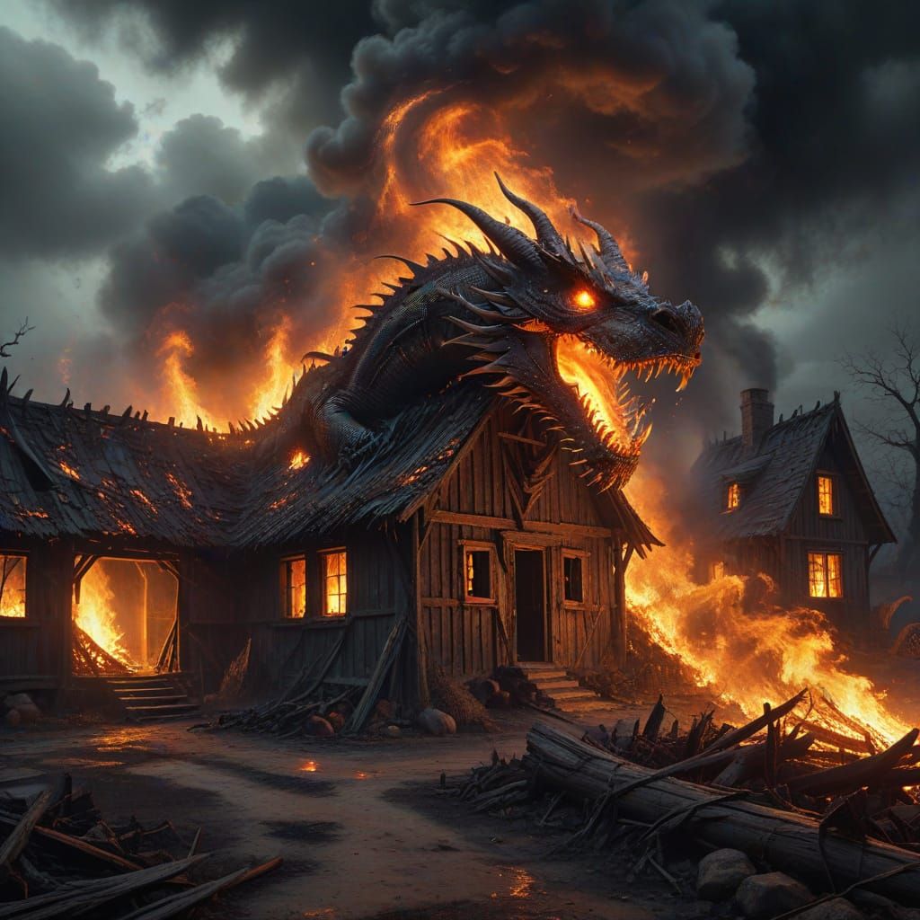 Spectral Wizard Versus Dragon in Gothic Village