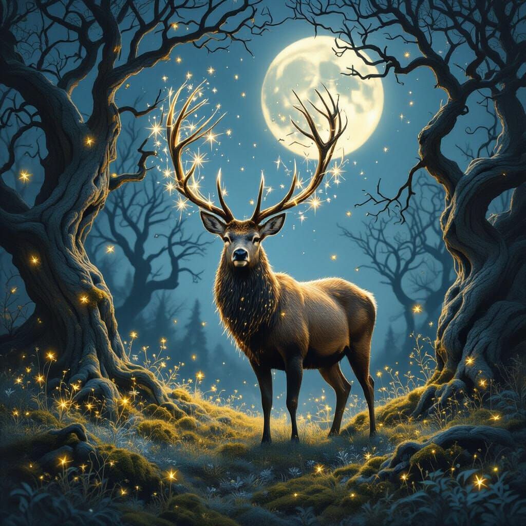 Starlight Stag in Moonlit Forest Clearing