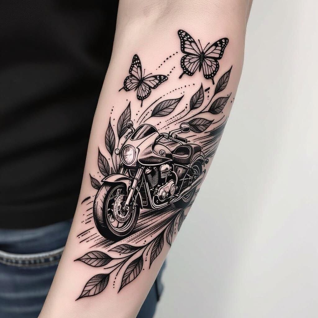 Black and White Arm Tattoo: Motorbike with Swirling Leaves