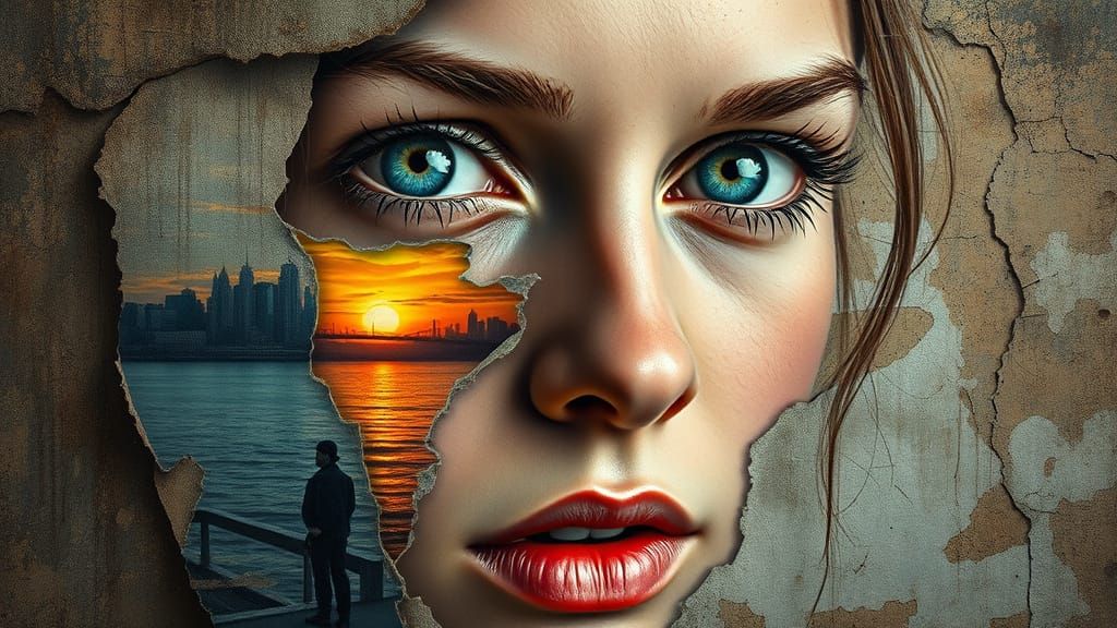 Surreal Portrait of a Woman Merging with a Weathered Paintin...