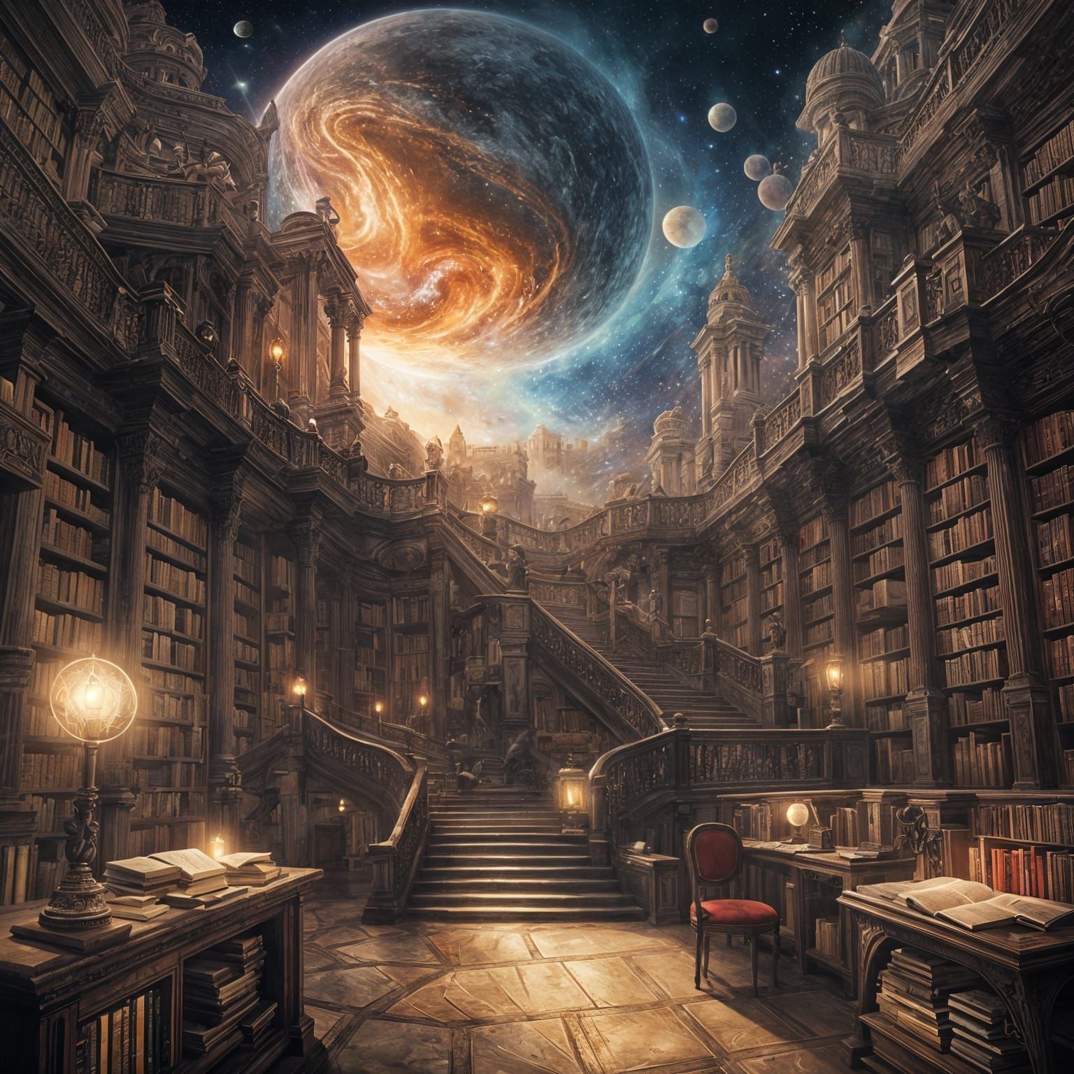 Celestial Library in Saturn's Rings: Gouache Watercolor Pain...