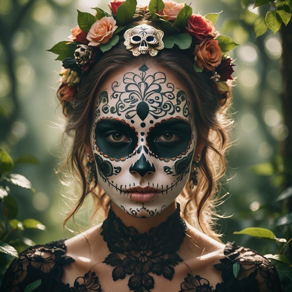 Sugar Skull Face in Lush Greenery: Portrait Photography