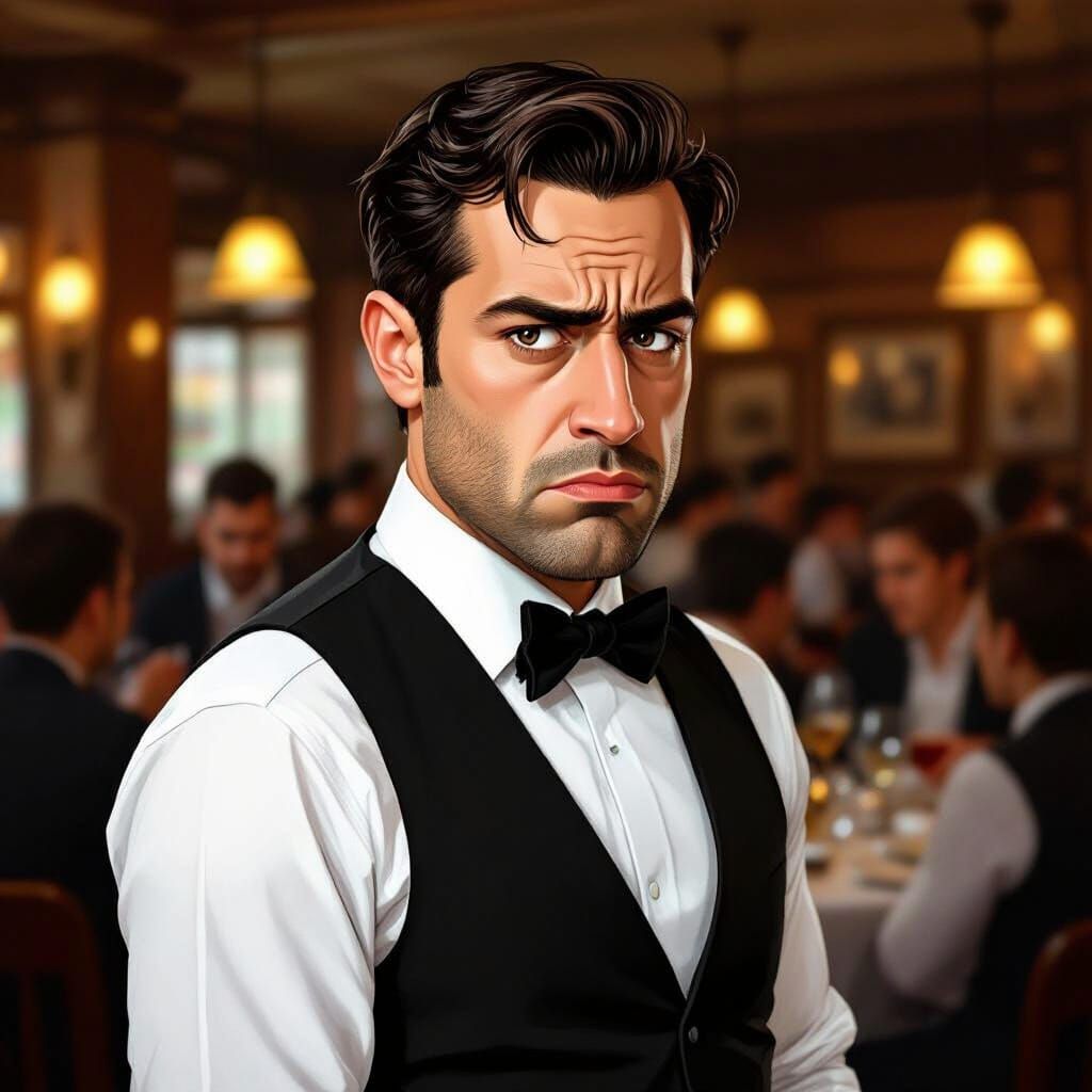 Annoyed Waiter in Crowded Restaurant: Caricature