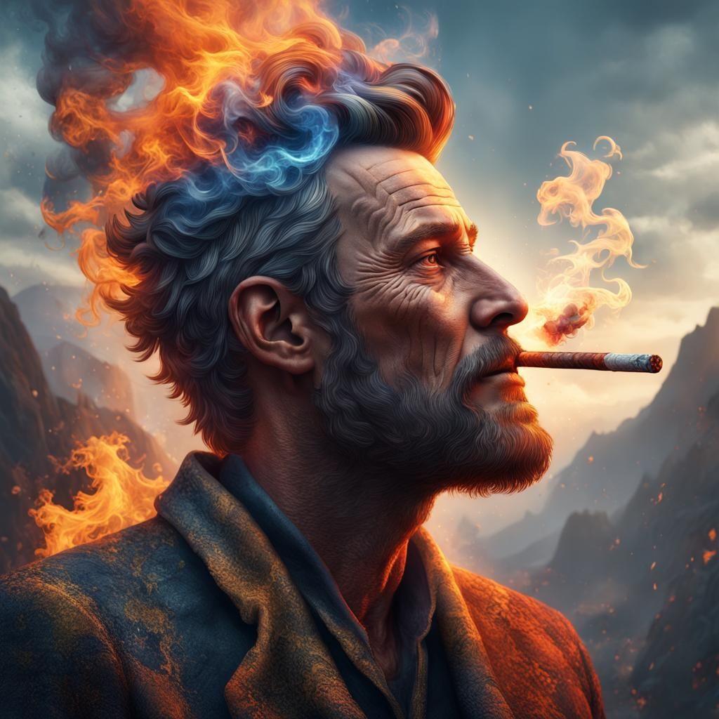 Smoking Man with Fiery Hair, Detailed Matte Painting